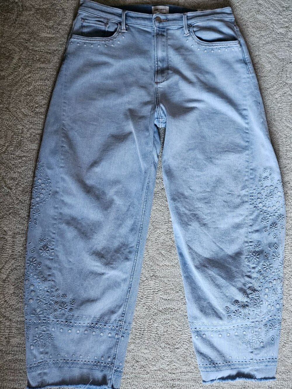 Driftwood Parker Barrel Leg Jeans Light Blue Stretch 14 Embroidered Boho